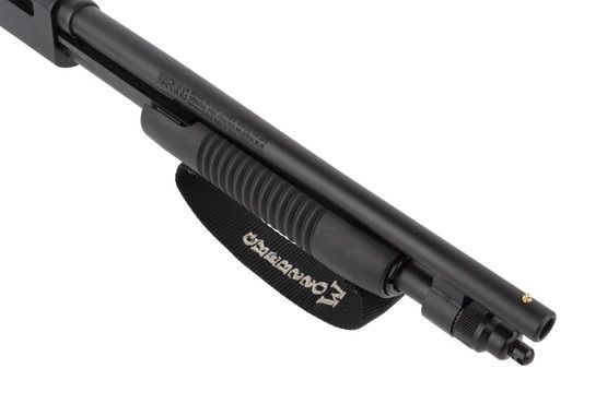 Mossberg .410 gauge 590 Shockwave pump action firearm features a hand loop and brass bead front sight